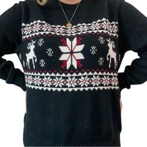 Vintage Black Snowflake & Reindeer Cozy Grandpa Sweater XL